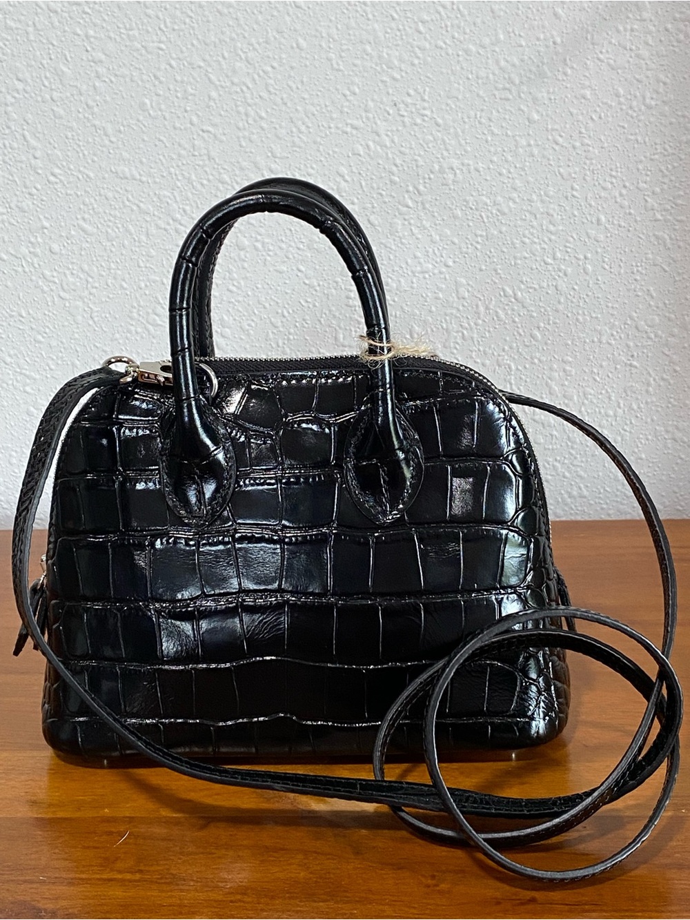 Black Croc-Embossed Dome Satchel Handbag